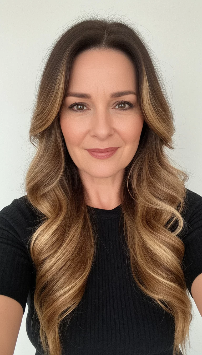 selfie of a 40-year-old woman wearing a black ribbed top with a golden walnut colored long wavy brown hair with blonde highlights, front view, minimal background