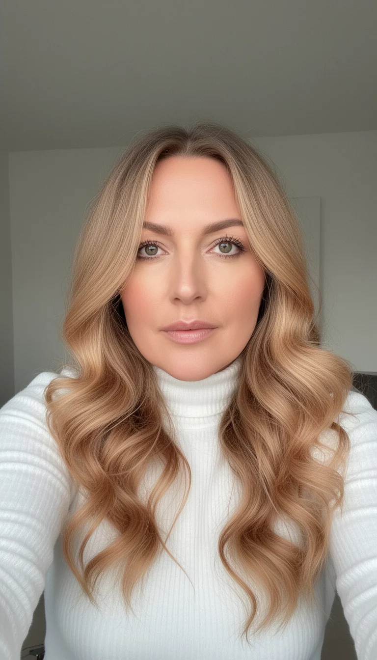 selfie of a 35-year-old woman wearing a white turtleneck with a frosted caramel colored long wavy blonde ombre hair, front view, minimal background