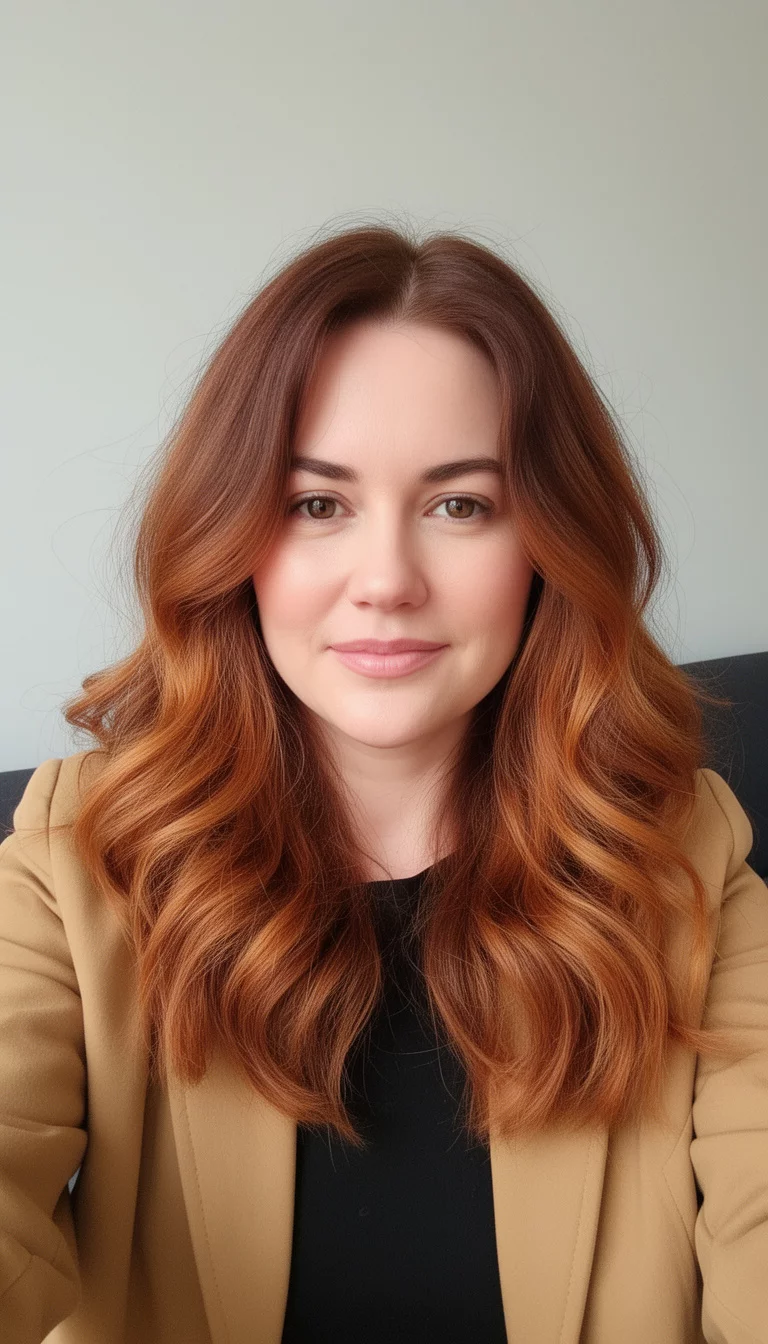 selfie of a 36-year-old woman wearing a tan jacket over a black top with an amber honey colored wavy medium-long warm brown hair, front view, minimal background