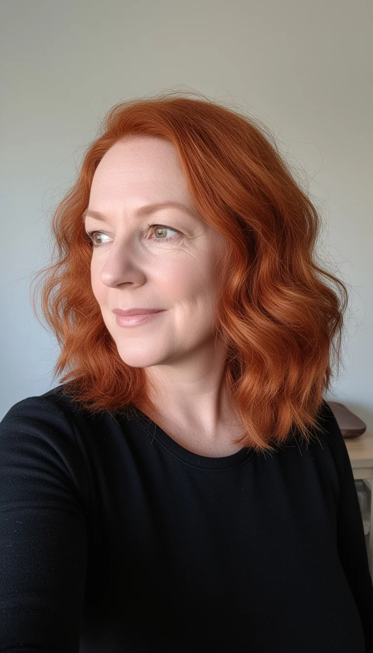 selfie of a 43-year-old woman wearing a black top with a rustic ginger colored shoulder-length wavy reddish-brown hair, side view, minimal background