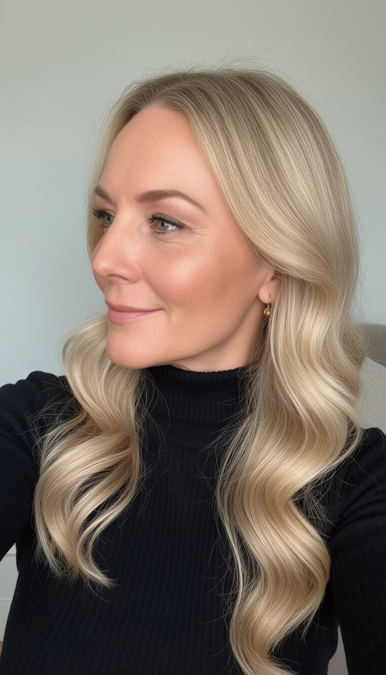 selfie of a 44-year-old woman wearing a black turtleneck with a sun kissed champagne colored long wavy hair, side view, minimal background