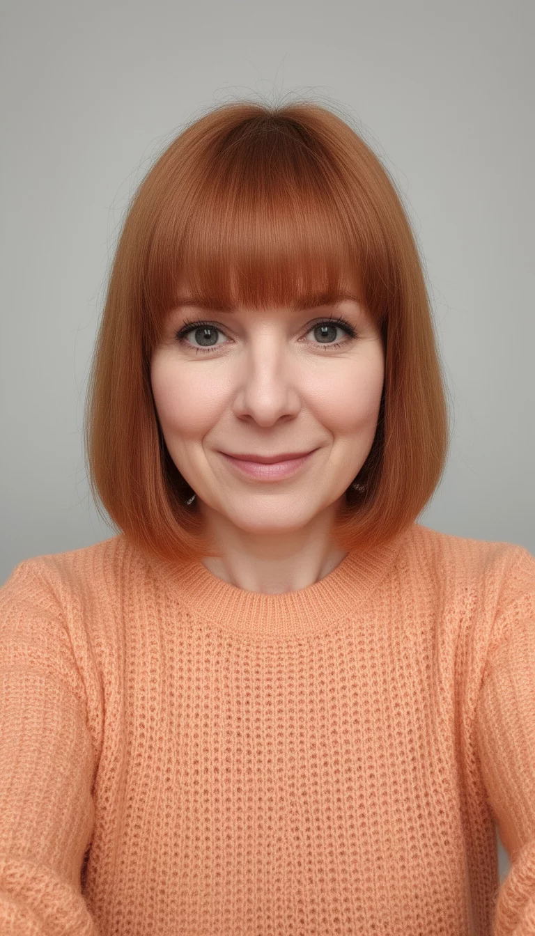 selfie of a 35-year-old woman wearing a light orange knit top with a strawberry honey colored chin-length hair with bangs, front view, minimal background