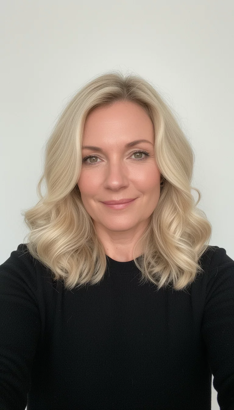 selfie of a 40-year-old woman wearing a black top with a buttery vanilla colored medium-length wavy blonde hair, front view, minimal background
