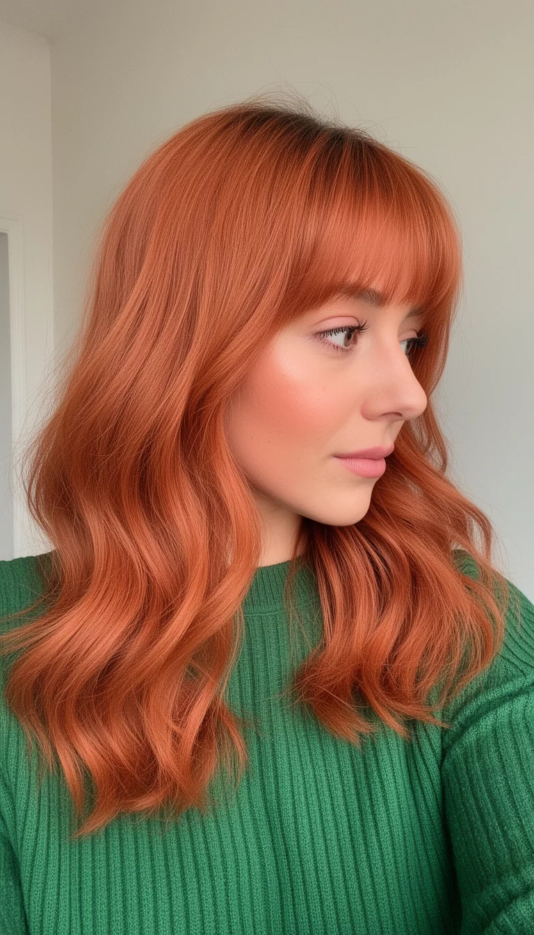 selfie of a 27-year-old woman wearing a green ribbed sweater with a spiced ginger colored voluminous layered hair with bangs, side profile view, minimal background