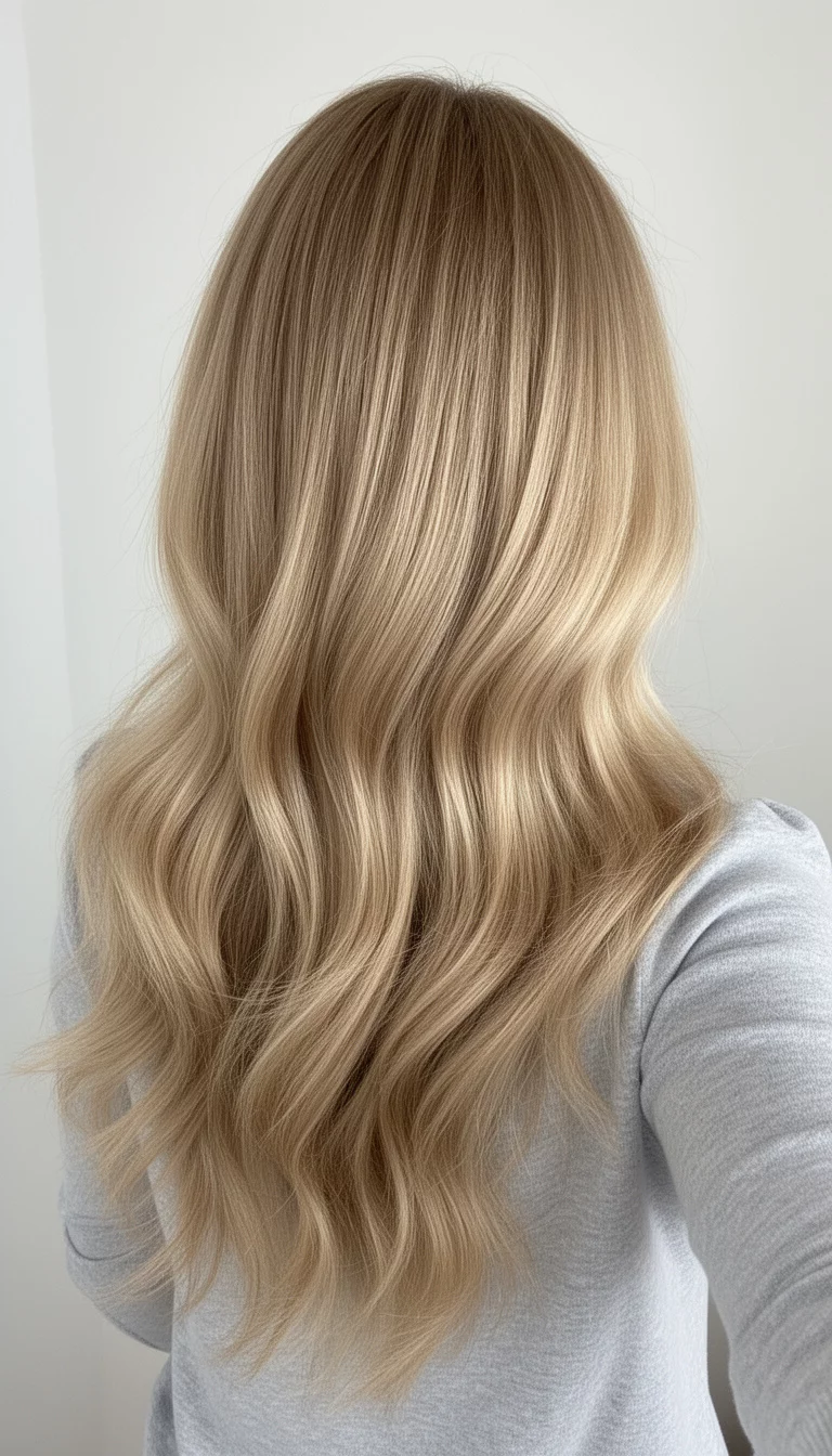 selfie of a 36-year-old woman wearing a light grey top with a pale gold colored long layered warm blonde hair, back view, minimal background