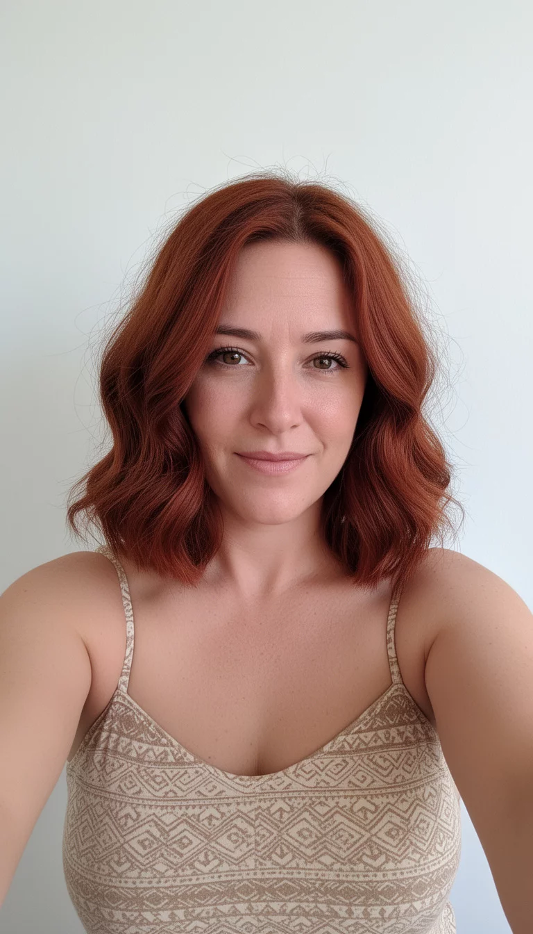 selfie of a 30-year-old woman wearing a patterned beige strap top with a cinnamon auburn colored shoulder-length wavy hair, front view, minimal background