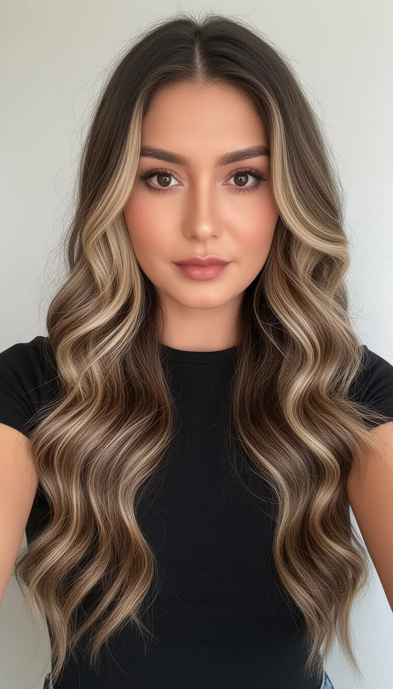 selfie of a 29-year-old woman wearing a black top with a bronde espresso colored long wavy brown hair with blonde highlights, front view, minimal background