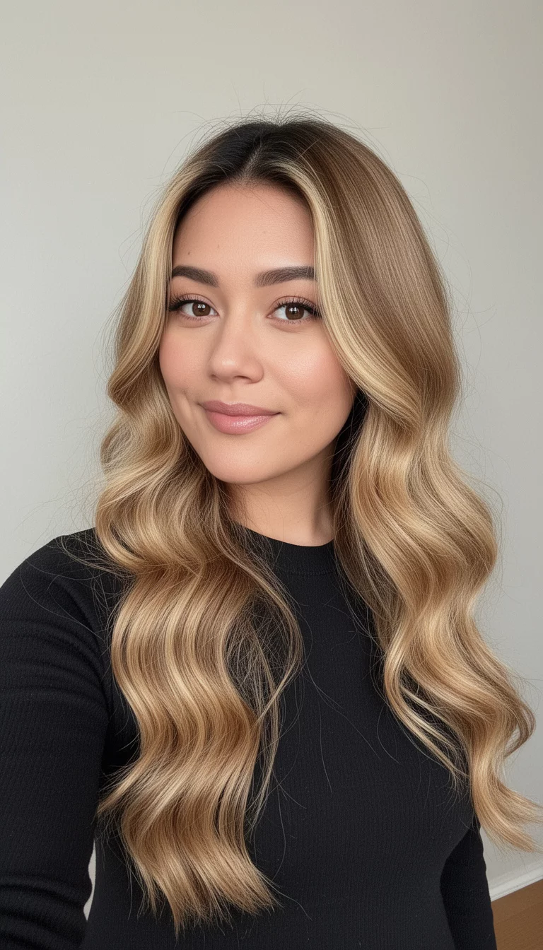 selfie of a 31-year-old woman wearing a black top with a honey wheat colored long wavy blonde highlighted hair, three-quarter view, minimal background