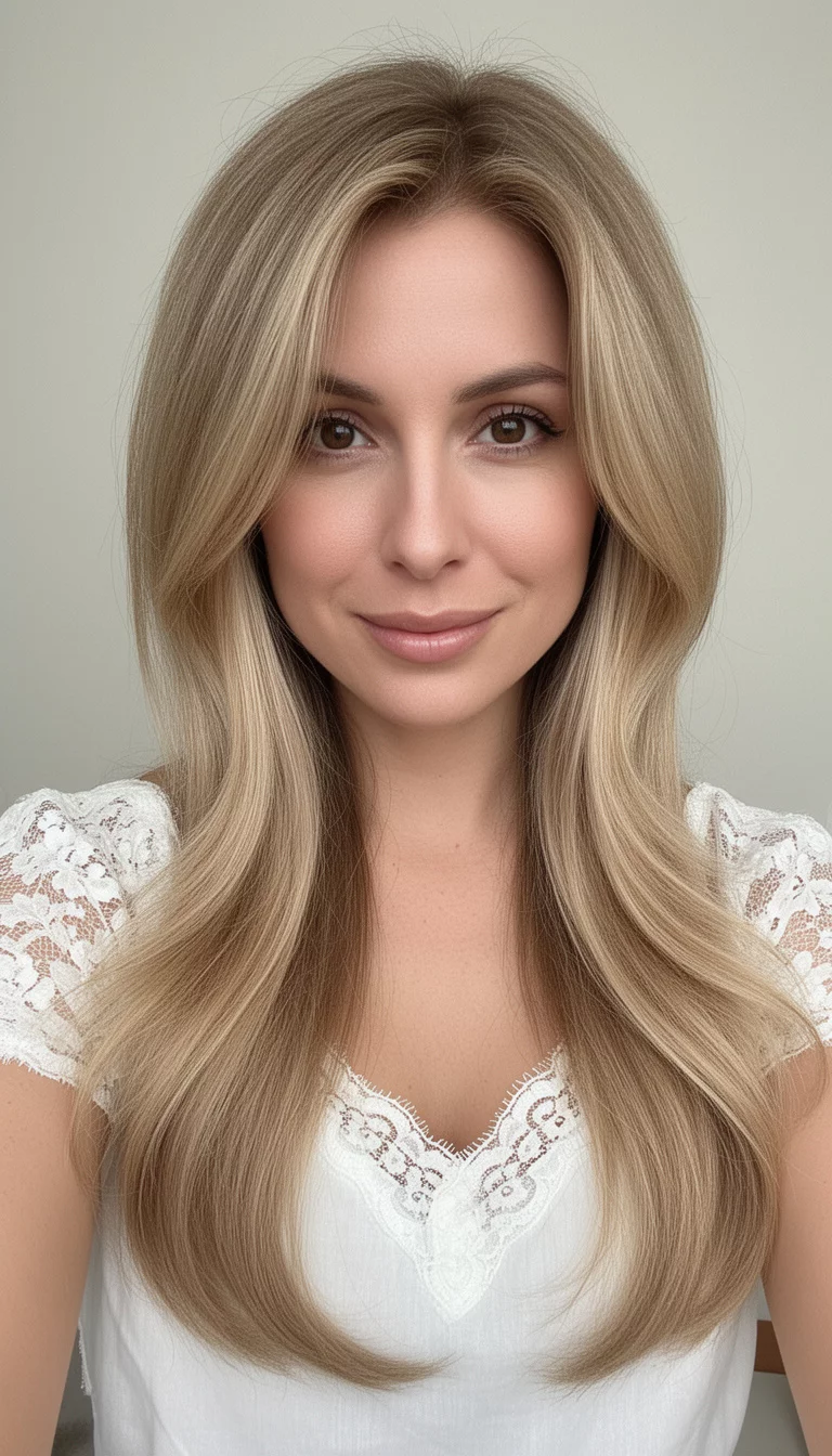 selfie of a 32-year-old woman wearing a white lace-trimmed top with a creamy toasted marshmallow colored long layered warm blonde hair, front view, minimal background