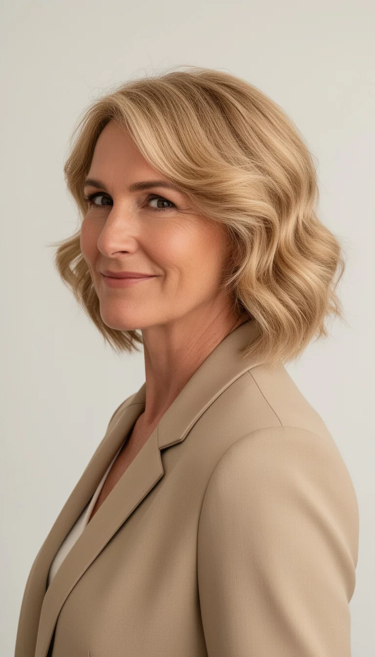 selfie of a 45-year-old woman wearing a beige blazer with a golden sand colored warm blonde wavy layered short hair, side view, minimal background