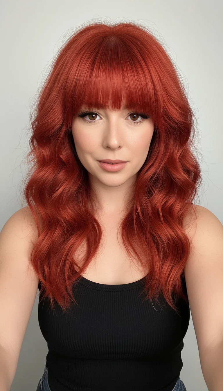 selfie of a 29-year-old woman wearing a black tank top with a copper fire colored voluminous rich red hair with feathered bangs, front view, minimal background