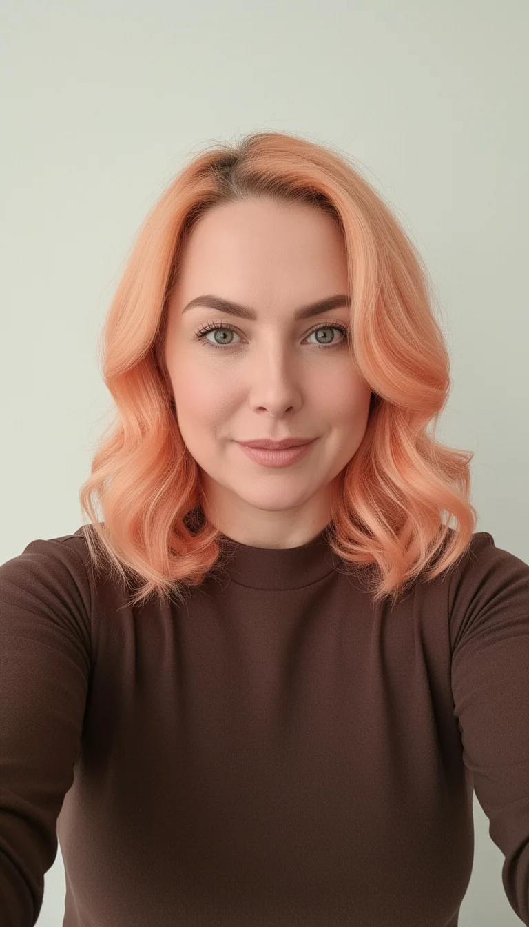 selfie of a 34-year-old woman wearing a dark brown top with a warm peach sorbet colored shoulder-length wavy hair, front view, minimal background