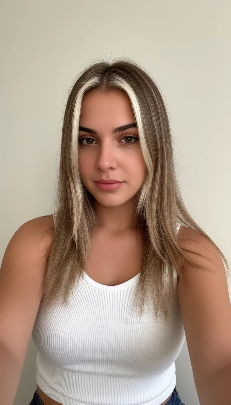 selfie of a 26-year-old woman wearing a white ribbed white tank top with a  light brown hair with bright blonde highlights, front view, minimal background