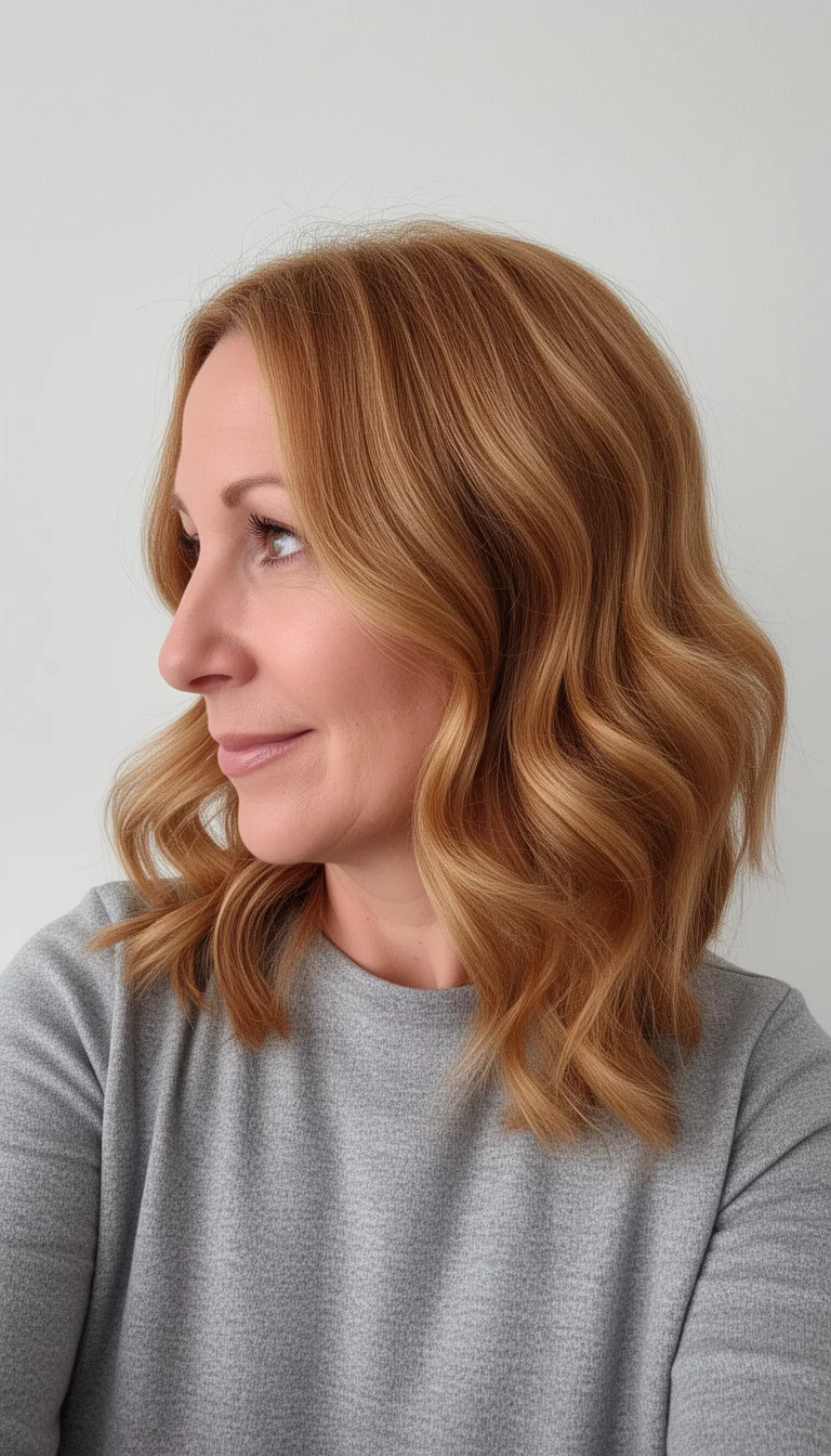 selfie of a 41-year-old woman wearing a grey top with a golden toffee highlighted colored mid-length wavy hair, side view, minimal background