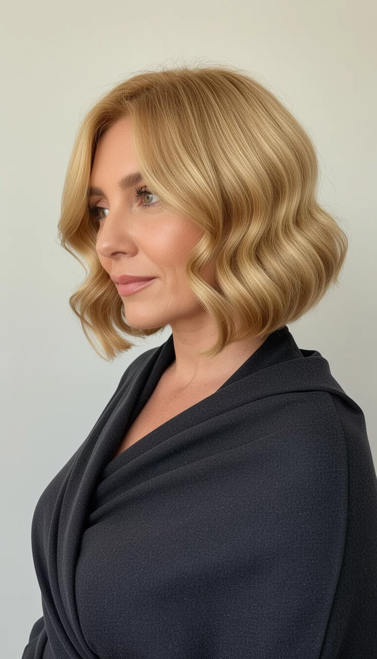selfie of a 39-year-old woman wearing a dark wrap with a gilded honey colored blonde bob with sleek waves, side view, minimal background