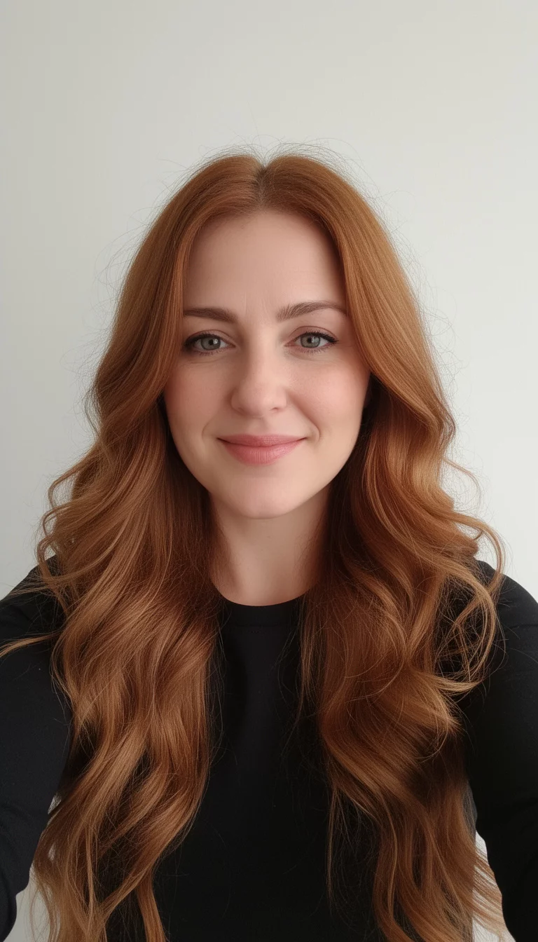 selfie of a 33-year-old woman wearing a black top with a warm chestnut colored long wavy light brown hair, front view, minimal background