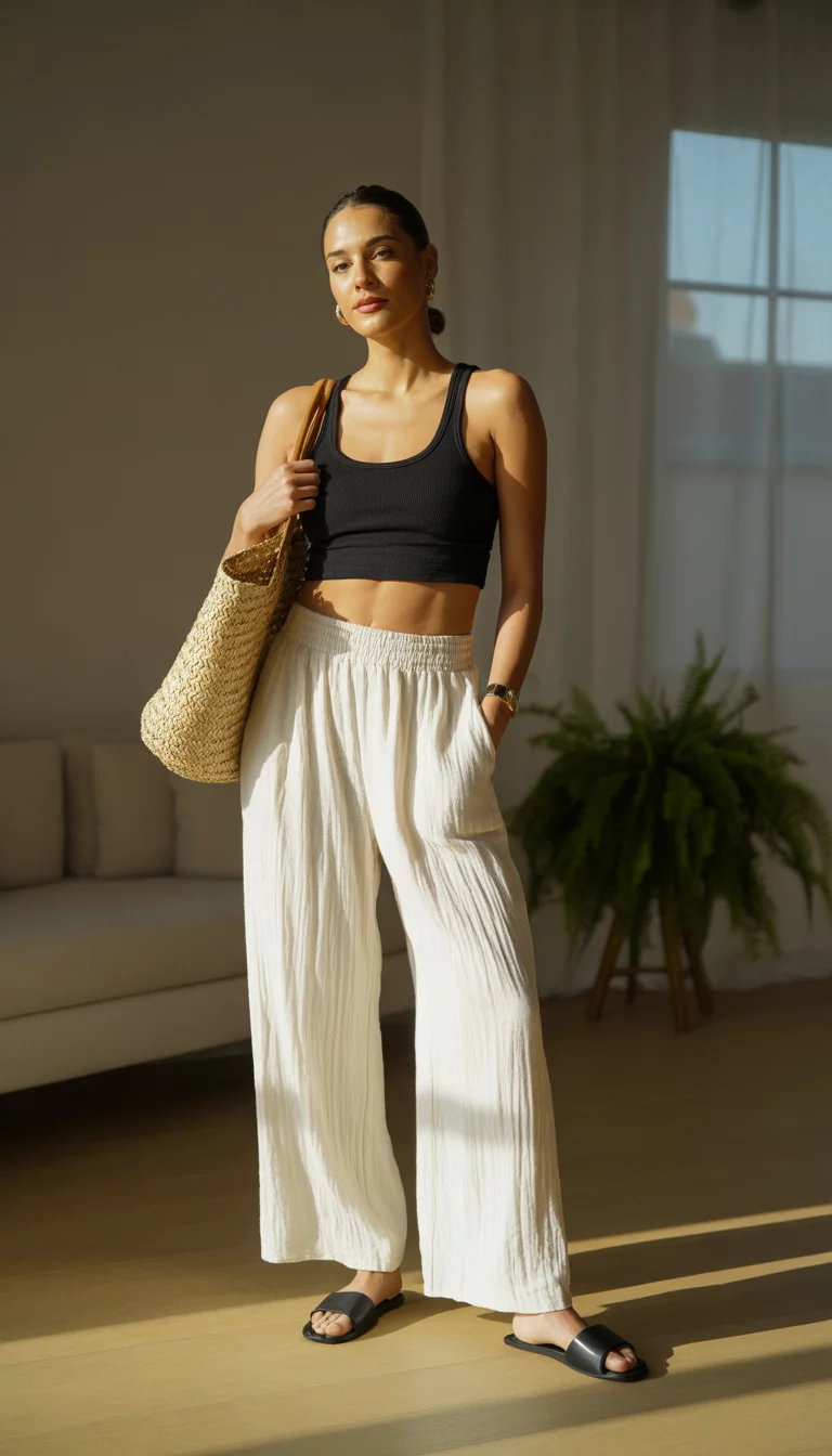 A beautiful woman in a black racerback crop top and gathered white wide leg pants, a large straw tote bag, and black flat sandals, standing indoors.