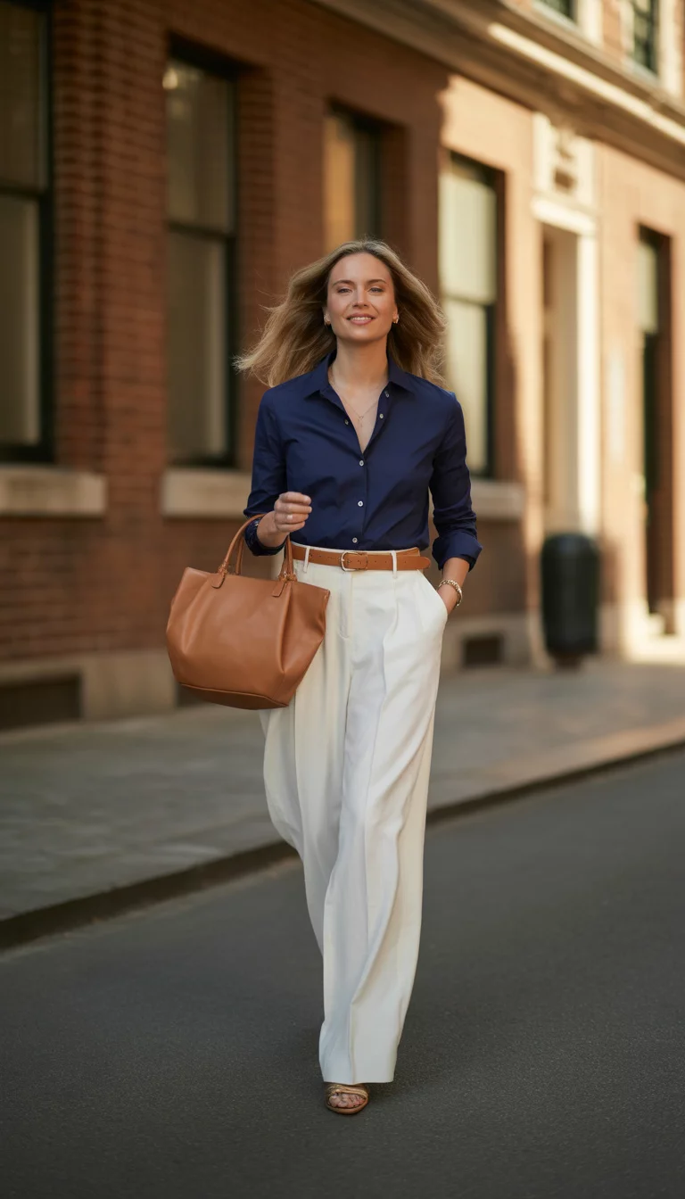 A beautiful woman in a navy blue button down shirt and white wide leg trousers with a tan leather belt, she carries a large tan leather handbag while walking down a paved street.
