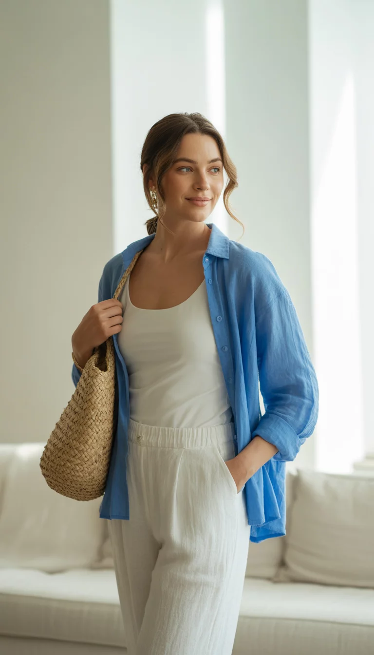 A beautiful woman in a white tank top and loose white linen trousers, layered with an unbuttoned blue linen shirt, she carries a woven straw bag in a bright modern interior.