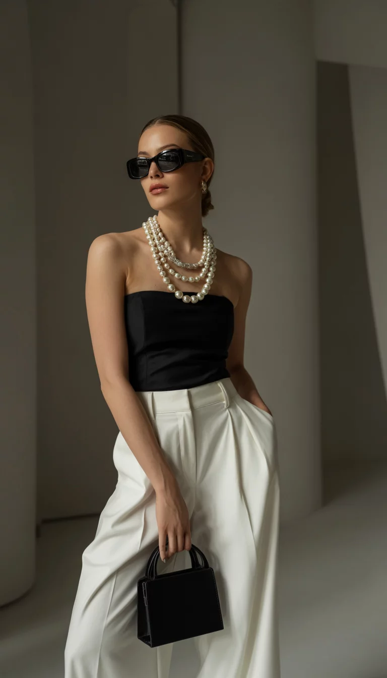 A beautiful woman in a black strapless top and voluminous white wide leg trousers, she wears large pearl necklaces and dark sunglasses, holding a small structured black bag.