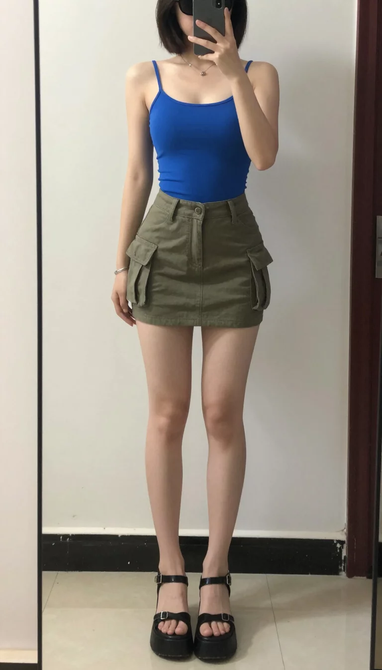 Cargo Minis And Electric Blues A beautiful woman with a short hairstyle in a bright blue spaghetti strap top, an olive green low-rise cargo mini skirt, black platform strappy sandals, and dark sunglasses, indoor mirror selfie, face not visible.