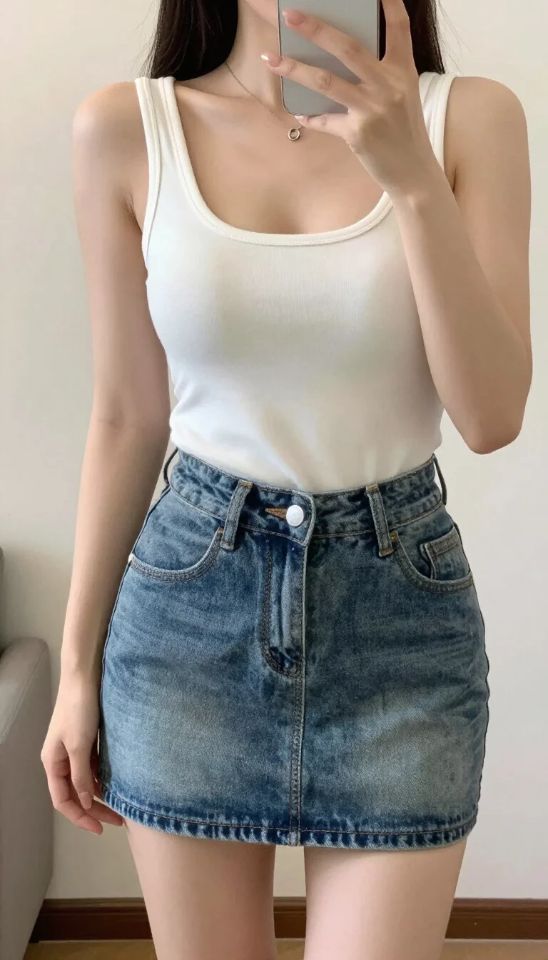 Simple White Tanks And Mini Skirts A beautiful woman in a plunging white tank top, a high-waisted denim mini skirt, and holding a cup, indoor mirror selfie, face not visible.