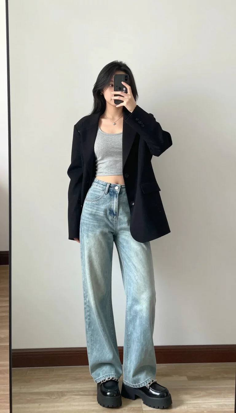Edgy Monochrome Energy A beautiful woman in a light gray cropped top, black jacket, light wash wide-leg jeans, and chunky black platform loafers with chain detail, indoor selfie.