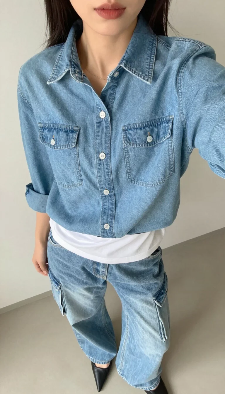 Double Denim Cargo Style A beautiful woman in a light blue denim button-up shirt, a white layer, light blue wide-leg cargo jeans, and black pointed-toe shoes, indoor selfie.
