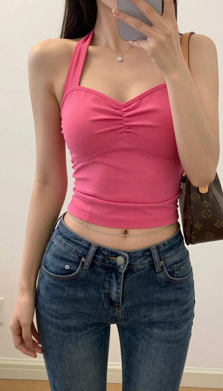 A beautiful woman in a bright pink ruched halter top, low-rise blue jeans, a delicate belly chain, and a brown patterned shoulder bag, indoor mirror selfie, face not visible.