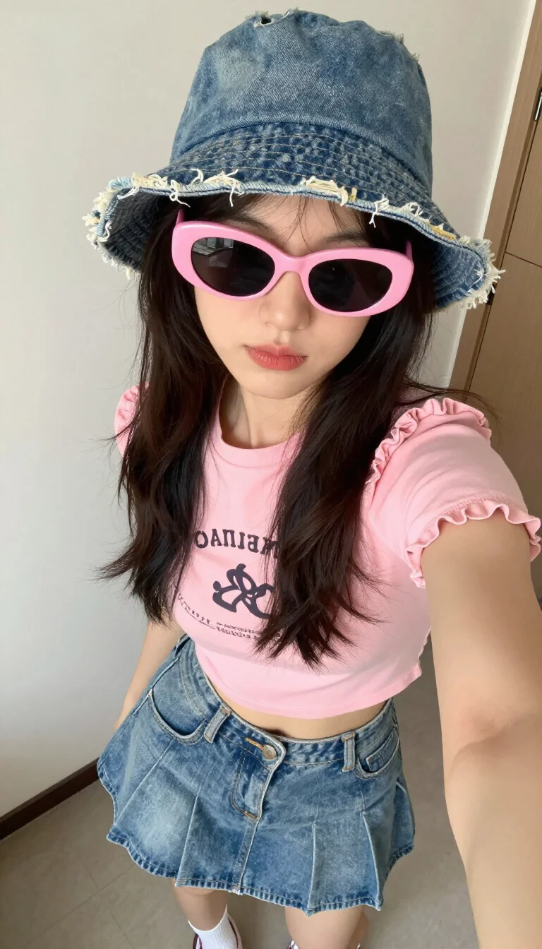 The Double Denim Remix A beautiful woman in a distressed denim bucket hat, pink wraparound sunglasses, a pink cropped top with ruffle trim and a graphic, and a matching pleated denim mini skirt, indoor selfie.