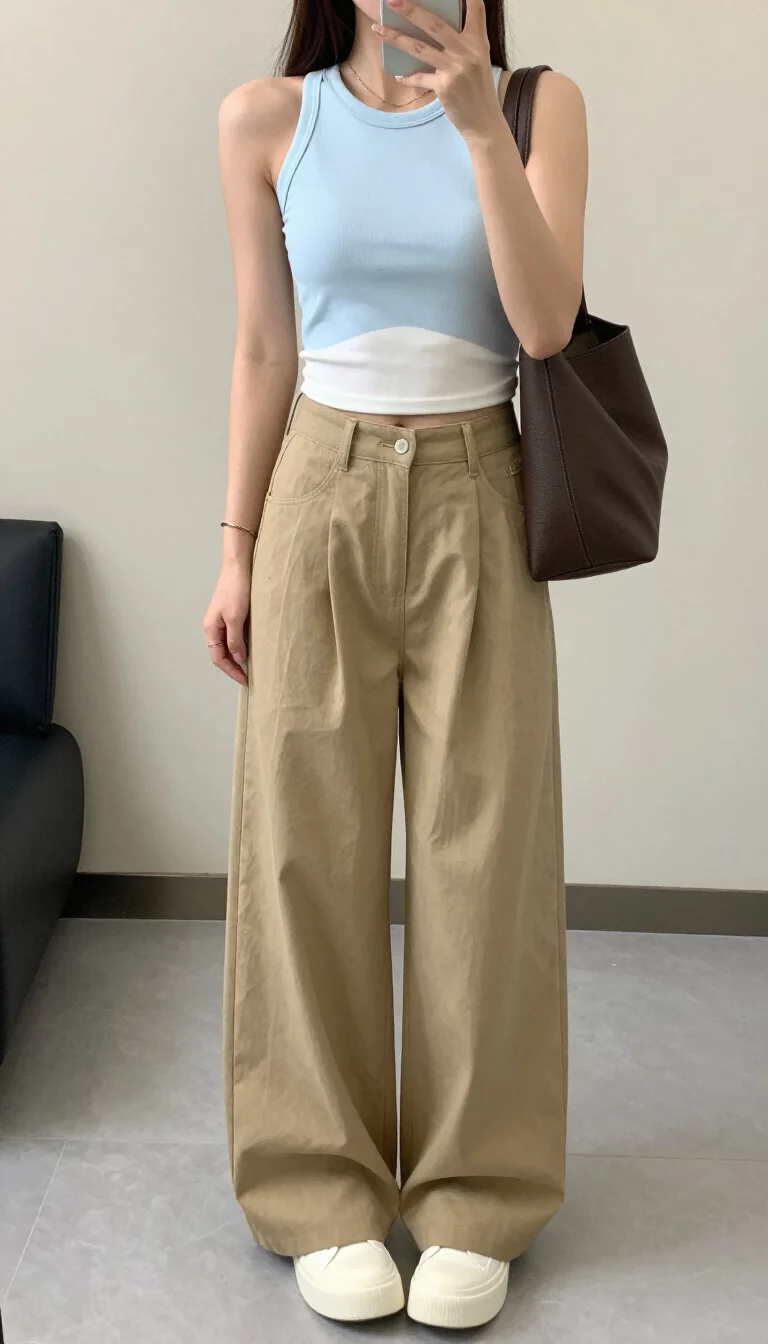 Raglan Crops And Oversized Khakis A beautiful woman in a light blue and white graphic raglan crop top, oversized khaki wide-leg pants, white platform shoes, and a dark brown structured shoulder bag, indoor selfie.