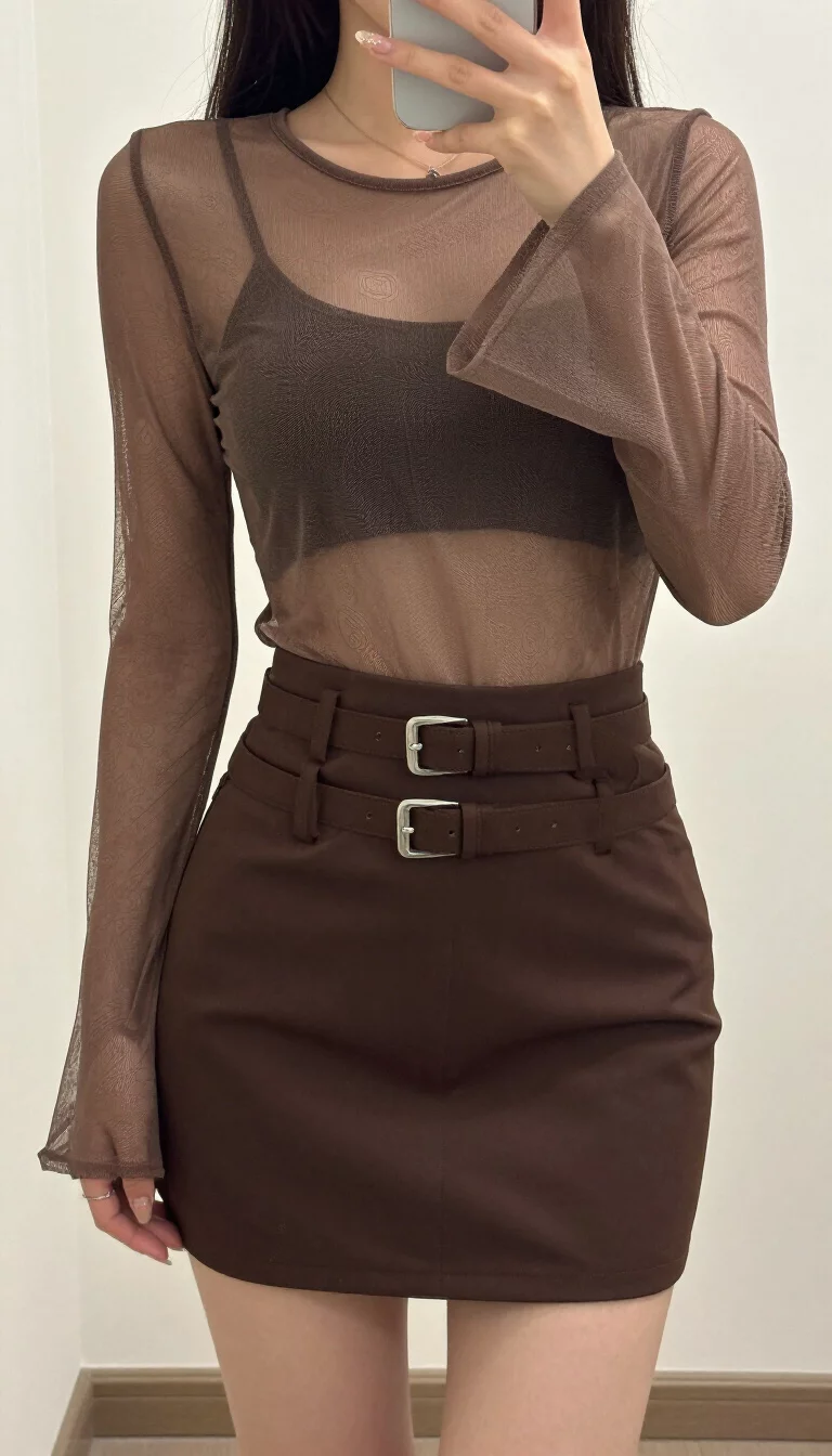 Mesh Sleeves And Multi-Belted Styles A beautiful woman in a sheer patterned long-sleeved mesh top with bell sleeves and a multi-belted chocolate brown mini skirt, indoor mirror selfie, face not visible.