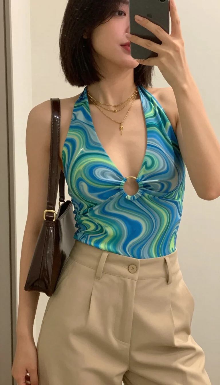 Marbled Halters And High Trousers A beautiful woman with a bob haircut in a blue and green marbled halter top with a central ring detail, beige high-waisted trousers, and a shiny dark brown shoulder bag, she wears layered gold necklaces ,indoor mirror selfie, face not visible.