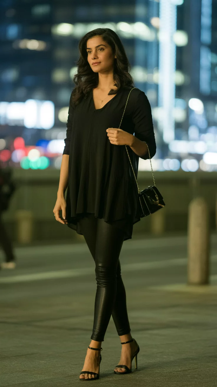 A beautiful woman in a flowy black tunic top over black leggings and black high-heeled sandals, she carries a small black purse.