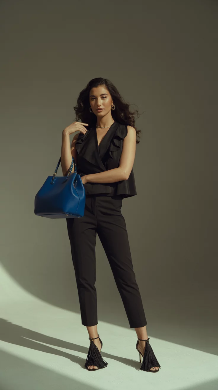 A beautiful woman in a black ruffled sleeveless top and slim black ankle-length trousers, she carries a large blue handbag and wears black tassel heels.