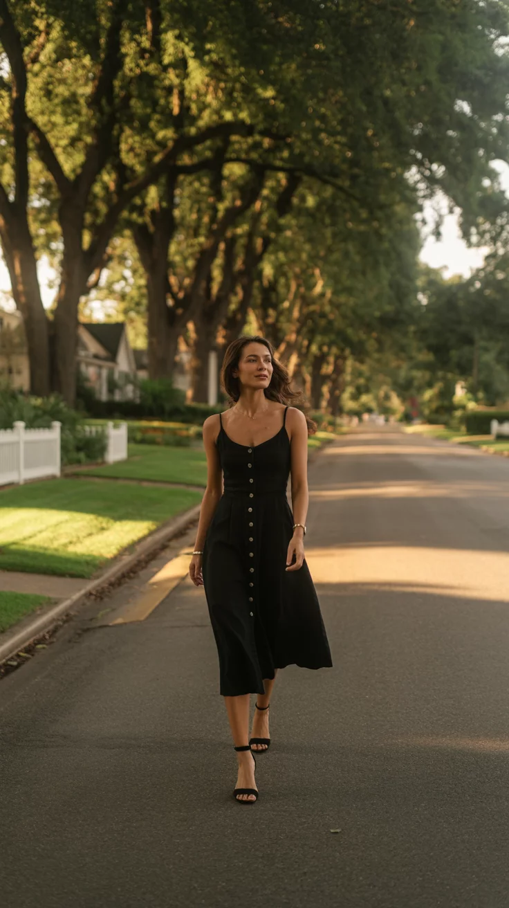 A beautiful woman in a black button-front midi sundress and black ankle-strap heels, she walks down the center of a suburban street.