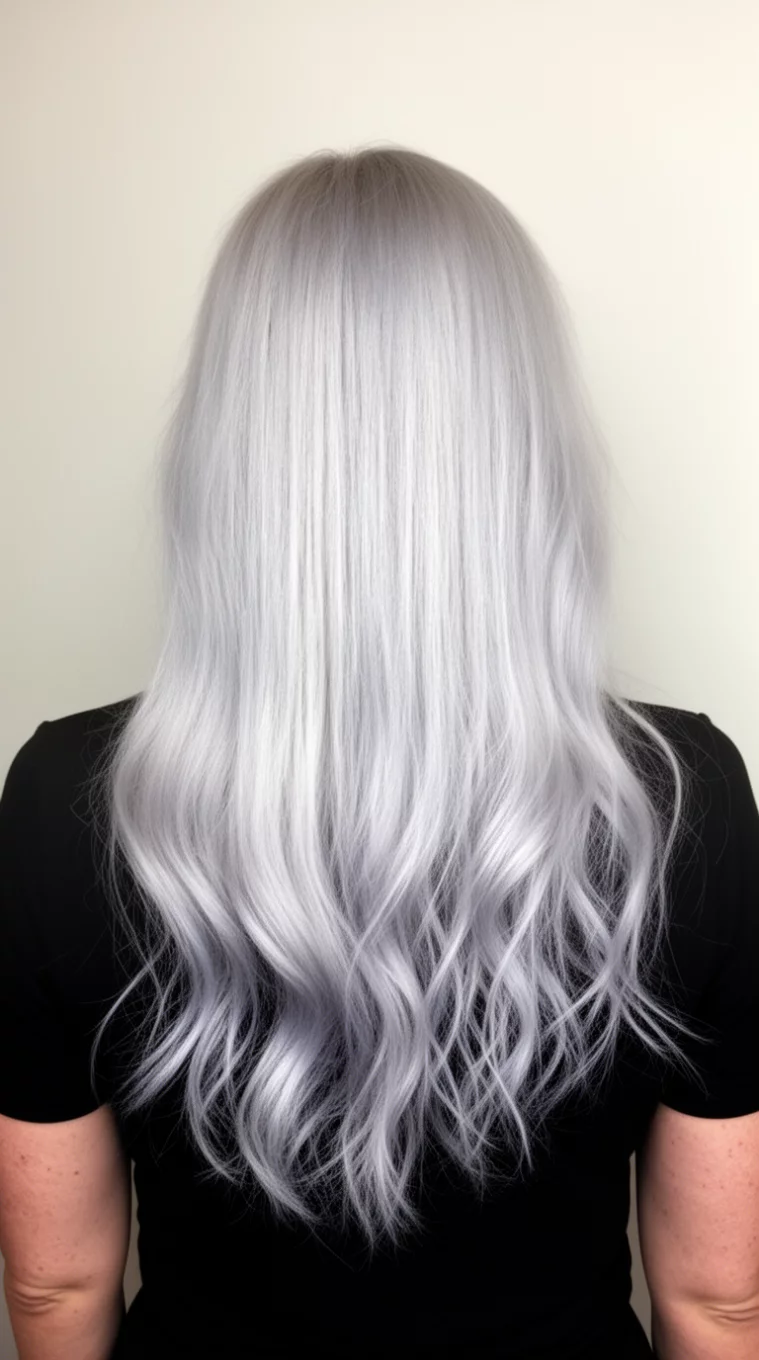 Pale Silvery Platinum With Roots casual photo of a 36-year-old woman wearing a black top with a pale silvery platinum colored long hairstyle, back view, minimal background