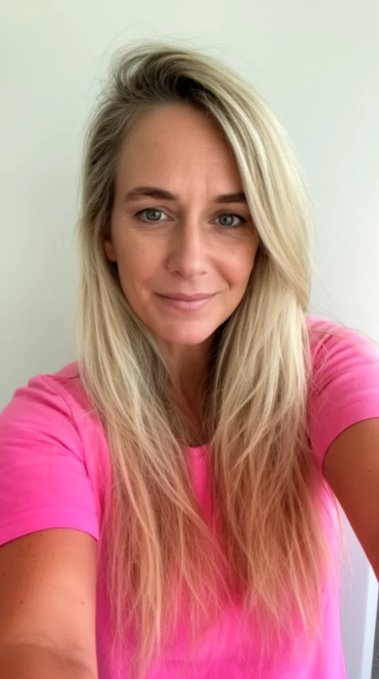Sun Kissed Coastal Blonde selfie of a 32-year-old woman wearing a short-sleeved pink top with a sun-kissed coastal blonde colored long hairstyle, front view, minimal background