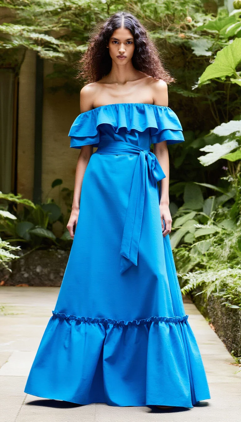 full-body fashion photograph of a 26-year-old model with dark curly hair in an overgrown courtyard, wearing a bright blue off-the-shoulder maxi dress with ruffles and a matching sash, elegant setting, lush green background