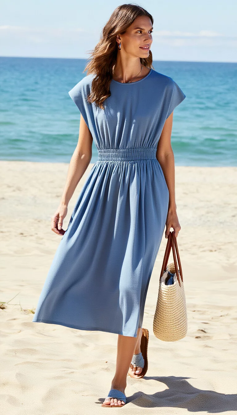 full-body fashion photograph of a 30-year-old woman walking on a beach, wearing a casual dusty blue midi dress with cap sleeves and an elastic waist, holding a woven bag, sunny lighting, relaxed beach walk