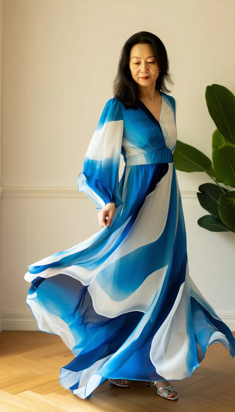 full-body fashion photograph of a 41-year-old woman captured mid-motion indoors near a large plant, wearing a flowing long gown with a blue and white abstract wave pattern, airy fabric, dynamic pose, soft indoor lighting, artistic composition