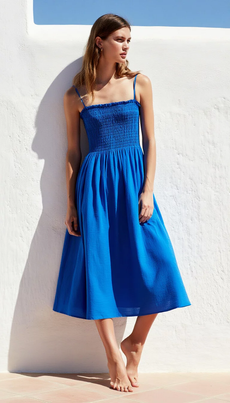 full-body fashion photograph of a 27-year-old model posing against a white stucco wall, wearing a royal blue smocked sundress, brilliant sunshine, minimalist background, vibrant blue color, sharp contrast