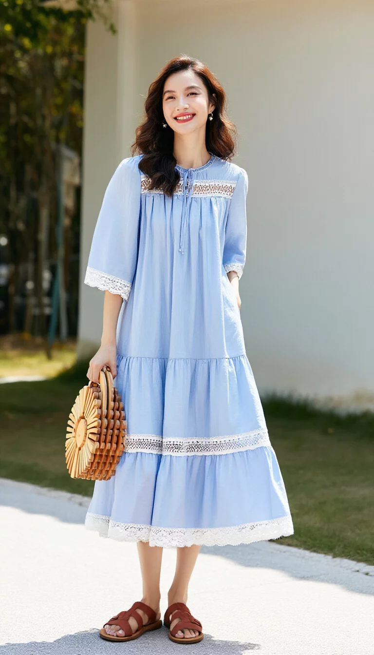 full-body fashion photograph of a 33-year-old woman smiling outdoors, wearing a light blue tiered midi dress with white lace trim and a ruffled hem, carrying a wooden handbag, bright daylight, boho chic style