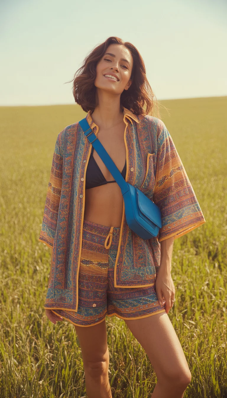 A beautiful woman in a vibrant patterned co-ord set with an unbuttoned shirt over a bikini top and matching shorts with yellow accents and a blue bag, outdoors.