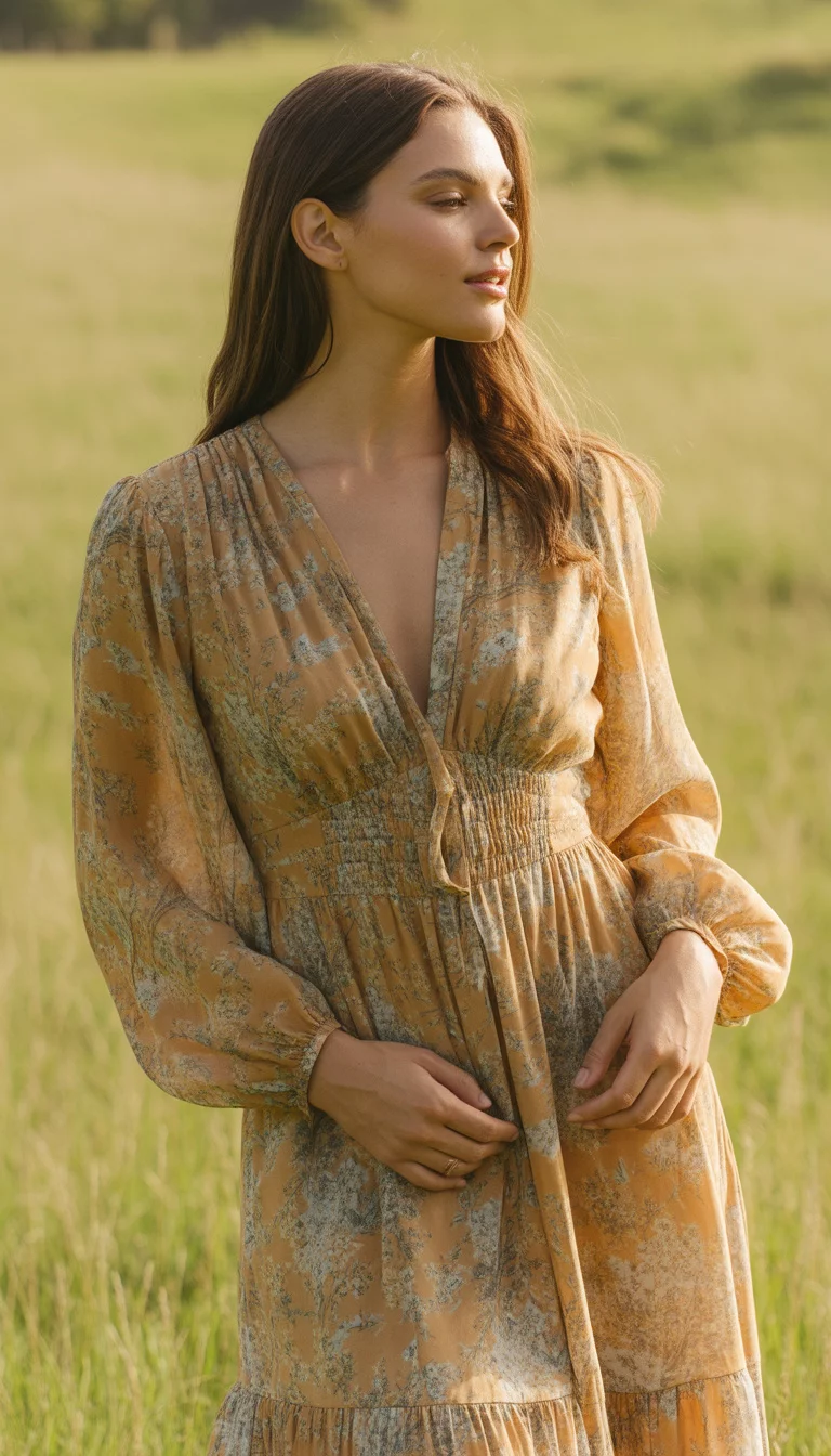 A beautiful woman in a flowing mustard-toned floral dress with long sleeves and a plunging neckline, posing in a sunlit grassy field.