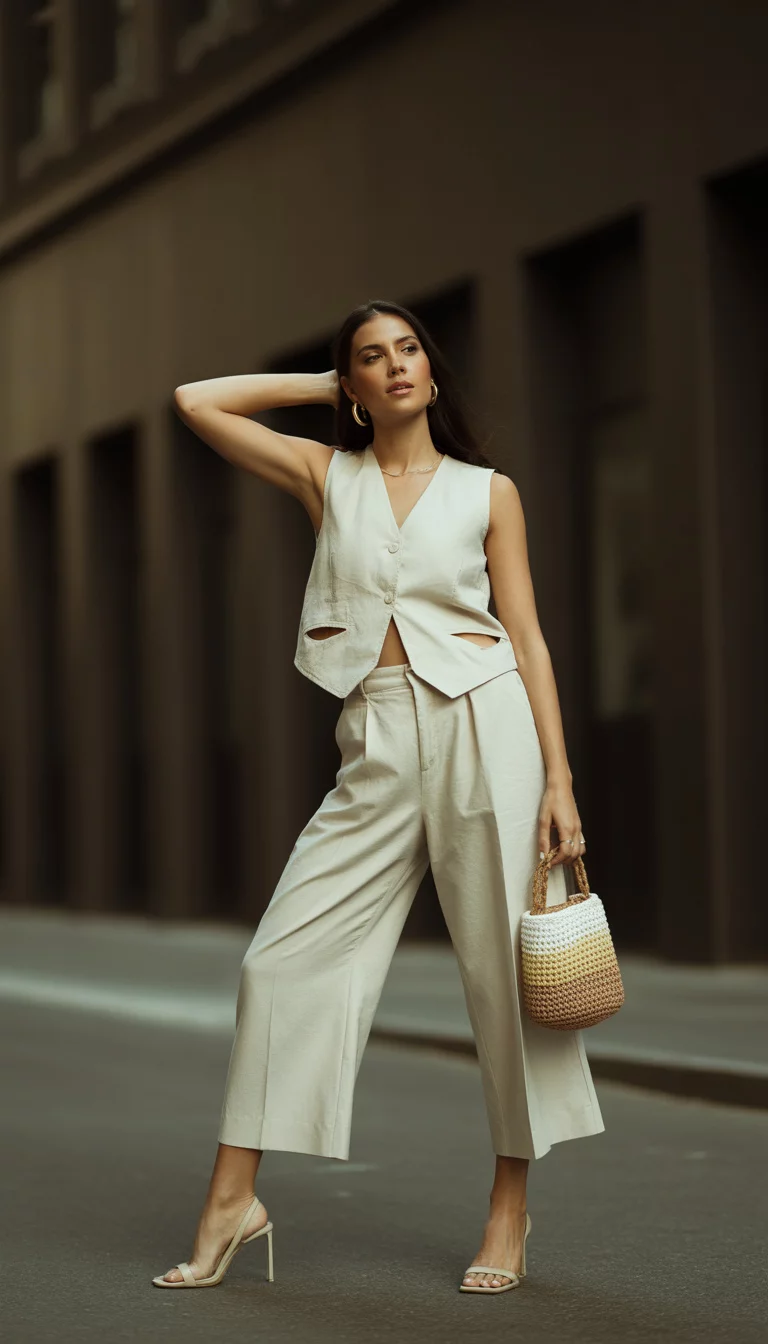 A beautiful woman in a matching cream linen vest and cream wide-leg cropped trousers with cutout details, carrying a small gradient crocheted bag, in an urban outdoor setting.