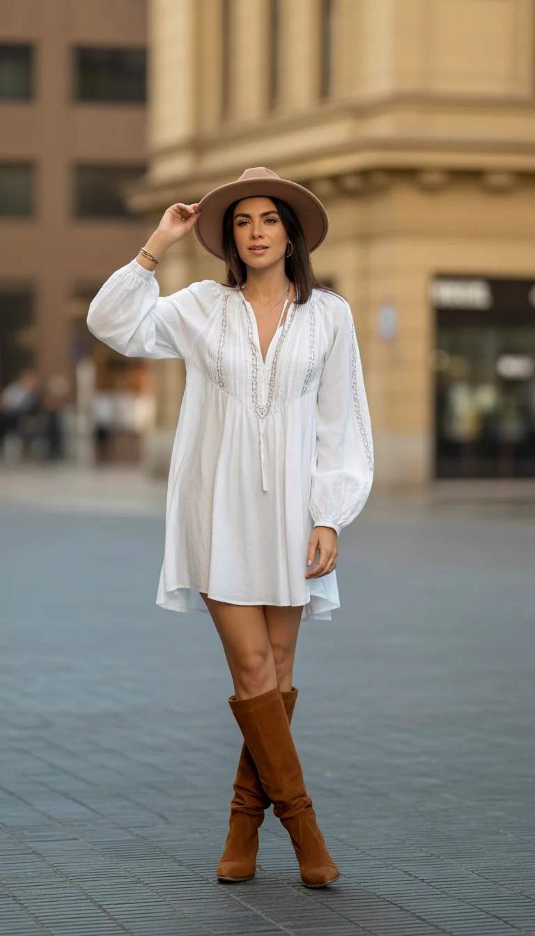A beautiful woman in a white embroidered tunic dress with long billowy sleeves, tall brown suede boots, and a fedora, outdoors on pavement.