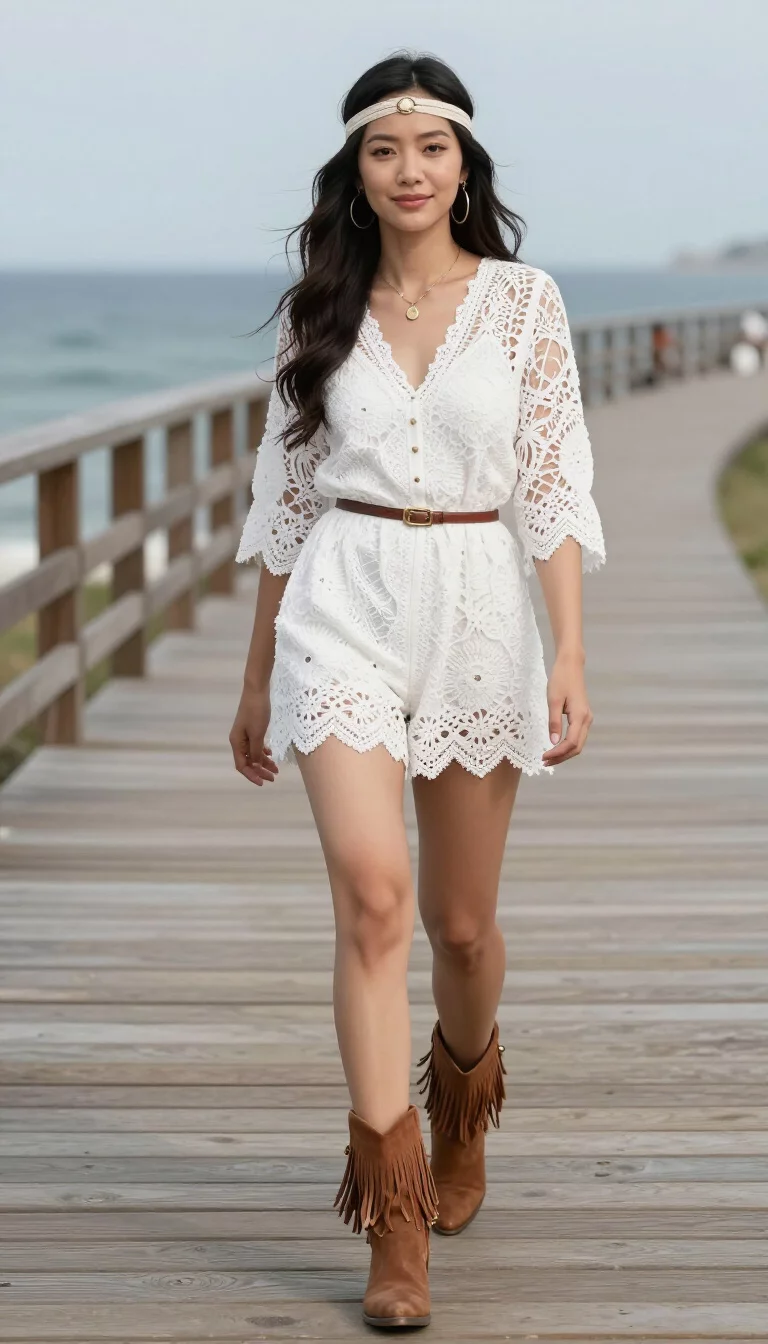 A beautiful woman in a white lacy romper, a thin belt, a boho headband, and brown fringe ankle boots, on a wooden boardwalk with an ocean background.