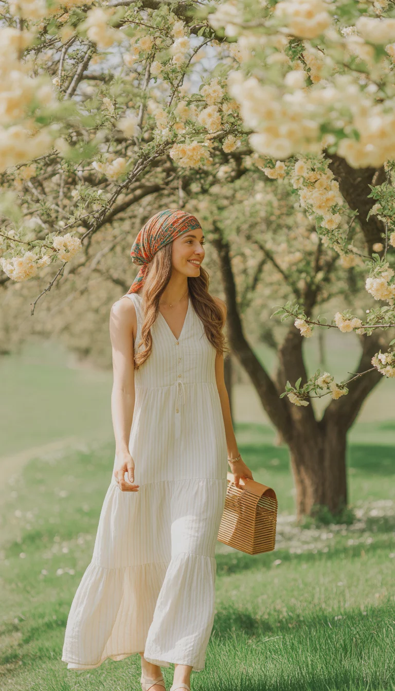 A beautiful woman in a long white tiered sundress, a woven head wrap, and a straw structured handbag, walking outdoors near a tree with yellow blossoms.