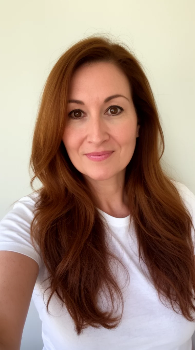 selfie of a 41-year-old woman wearing a white t-shirt with a Sun Kissed Chestnut colored long hairstyle, front view, minimal background